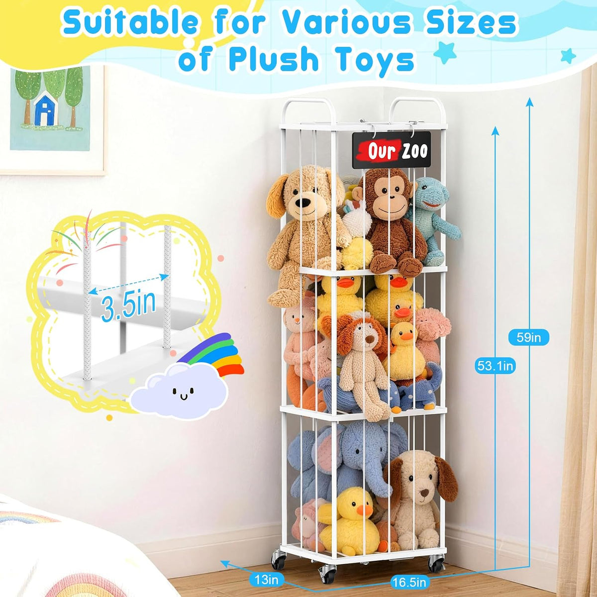 Stuffed Animal Storage Zoo Tower, 59" Metal Large Toy Organizer with Elastic Bands & Wheels, Standing Plushies Holder Cage for Kids Playroom Nursery, Space-Saving Stuffy Display Rack, 3-Tier