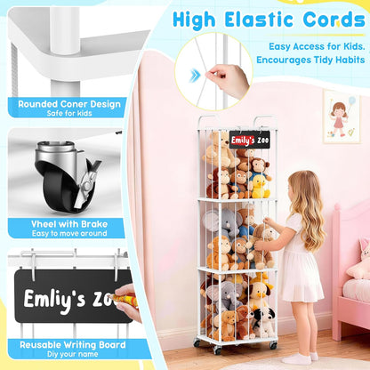 Stuffed Animal Storage Zoo Tower, 59" Metal Large Toy Organizer with Elastic Bands & Wheels, Standing Plushies Holder Cage for Kids Playroom Nursery, Space-Saving Stuffy Display Rack, 3-Tier