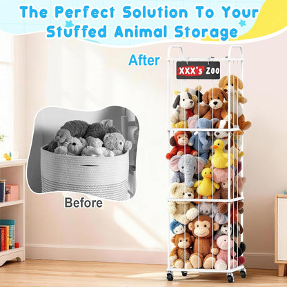 Stuffed Animal Storage Zoo Tower, 59" Metal Large Toy Organizer with Elastic Bands & Wheels, Standing Plushies Holder Cage for Kids Playroom Nursery, Space-Saving Stuffy Display Rack, 3-Tier