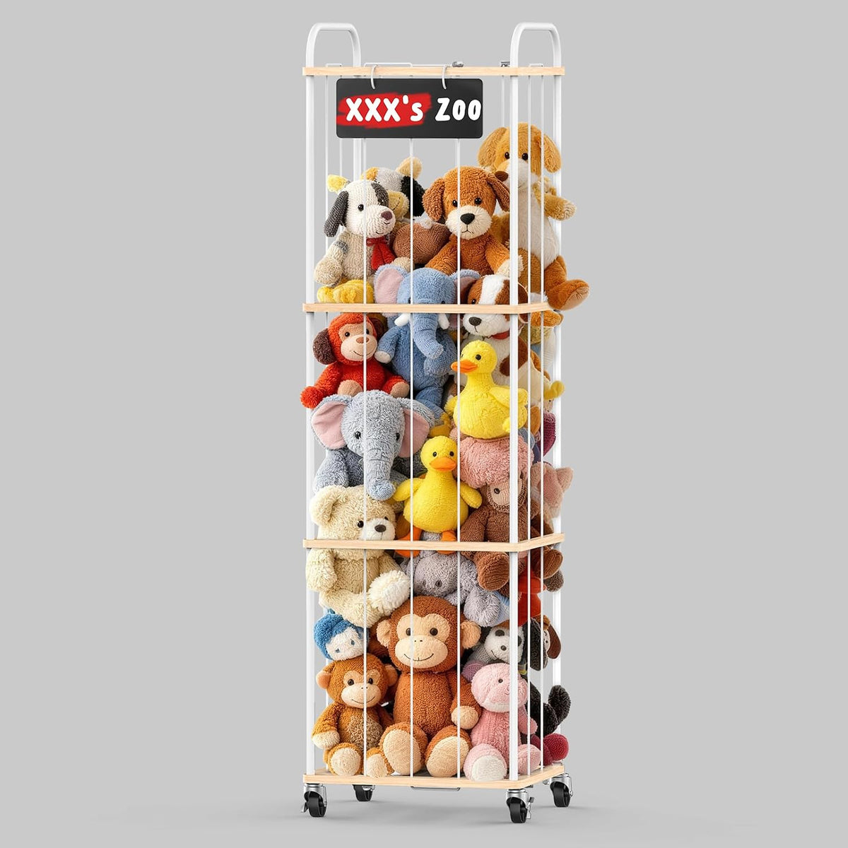 Stuffed Animal Storage Zoo Tower, 59" Metal Large Toy Organizer with Elastic Bands & Wheels, Standing Plushies Holder Cage for Kids Playroom Nursery, Space-Saving Stuffy Display Rack, 3-Tier