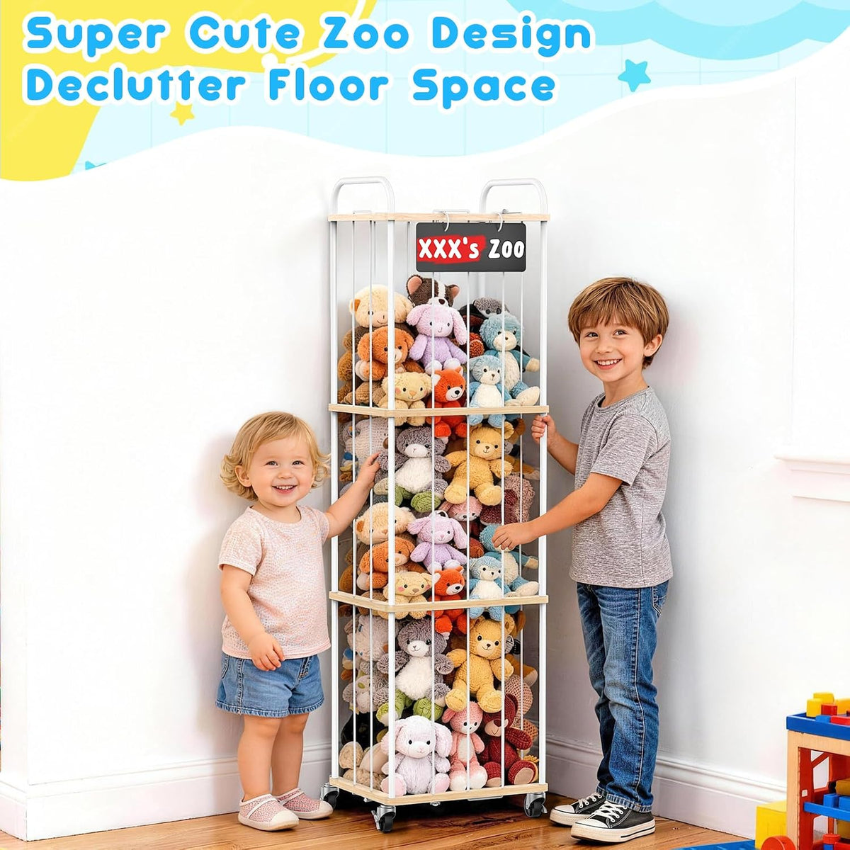 Stuffed Animal Storage Zoo Tower, 59" Metal Large Toy Organizer with Elastic Bands & Wheels, Standing Plushies Holder Cage for Kids Playroom Nursery, Space-Saving Stuffy Display Rack, 3-Tier