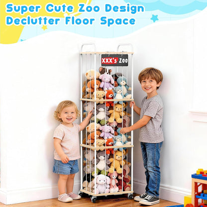 Stuffed Animal Storage Zoo Tower, 59" Metal Large Toy Organizer with Elastic Bands & Wheels, Standing Plushies Holder Cage for Kids Playroom Nursery, Space-Saving Stuffy Display Rack, 3-Tier