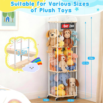 Stuffed Animal Storage Zoo Tower, 59" Metal Large Toy Organizer with Elastic Bands & Wheels, Standing Plushies Holder Cage for Kids Playroom Nursery, Space-Saving Stuffy Display Rack, 3-Tier