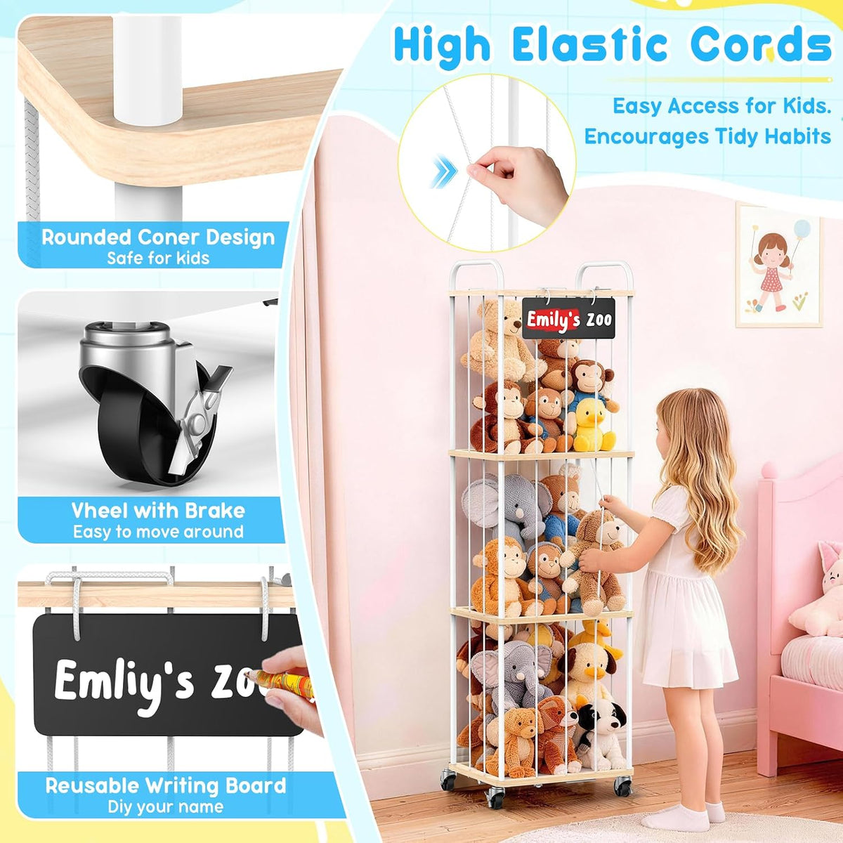 Stuffed Animal Storage Zoo Tower, 59" Metal Large Toy Organizer with Elastic Bands & Wheels, Standing Plushies Holder Cage for Kids Playroom Nursery, Space-Saving Stuffy Display Rack, 3-Tier