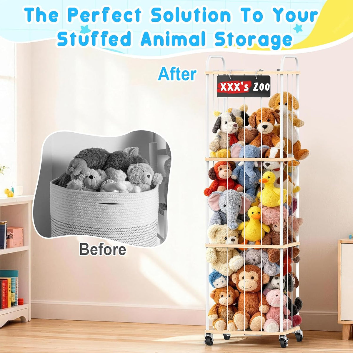 Stuffed Animal Storage Zoo Tower, 59" Metal Large Toy Organizer with Elastic Bands & Wheels, Standing Plushies Holder Cage for Kids Playroom Nursery, Space-Saving Stuffy Display Rack, 3-Tier