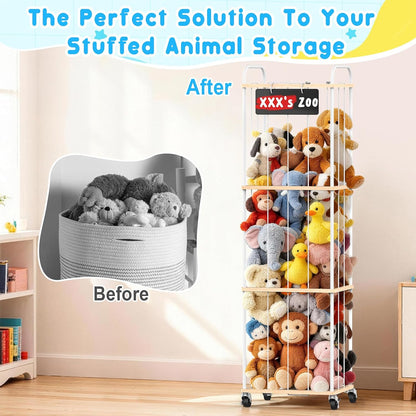 Stuffed Animal Storage Zoo Tower, 59" Metal Large Toy Organizer with Elastic Bands & Wheels, Standing Plushies Holder Cage for Kids Playroom Nursery, Space-Saving Stuffy Display Rack, 3-Tier