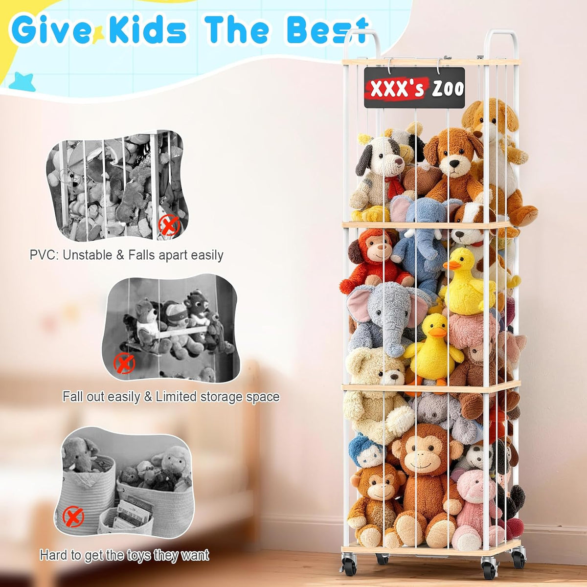 Stuffed Animal Storage Zoo Tower, 59" Metal Large Toy Organizer with Elastic Bands & Wheels, Standing Plushies Holder Cage for Kids Playroom Nursery, Space-Saving Stuffy Display Rack, 3-Tier