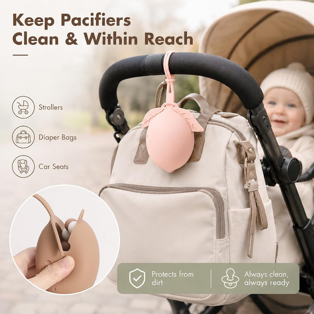 Silicone Pacifier Holder Case Binky Holder Silicone Pacifier Case for Boys Girls Portable Paci Pouch for Newborns 3 Pack-Ivory+Sage+Blush