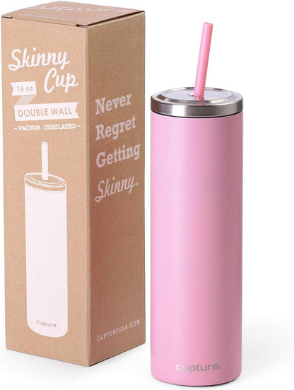 Stainless Steel Skinny Insulated Tumbler Cup with Lid and Reusable Straw - 16 oz (Jet Black)