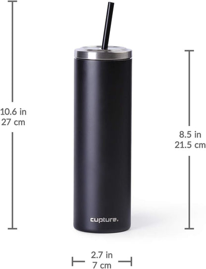 Stainless Steel Skinny Insulated Tumbler Cup with Lid and Reusable Straw - 16 oz (Jet Black)