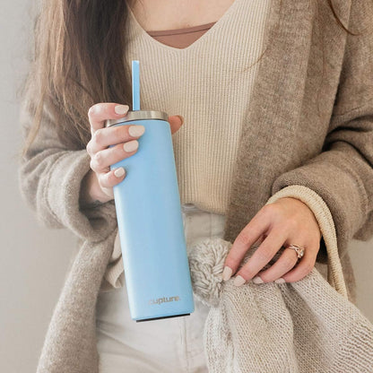 Stainless Steel Skinny Insulated Tumbler Cup with Lid and Reusable Straw - 16 oz (Jet Black)