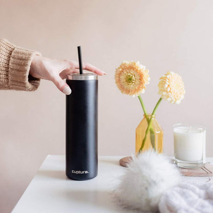 Stainless Steel Skinny Insulated Tumbler Cup with Lid and Reusable Straw - 16 oz (Jet Black)