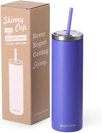 Stainless Steel Skinny Insulated Tumbler Cup with Lid and Reusable Straw - 16 oz (Jet Black)