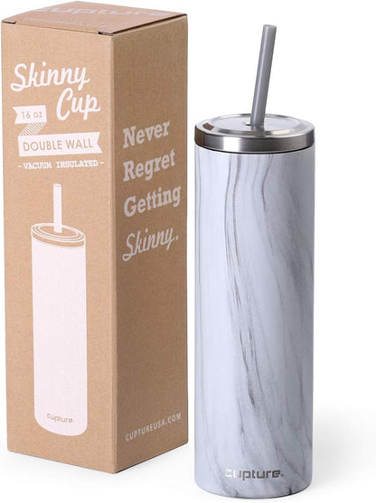 Stainless Steel Skinny Insulated Tumbler Cup with Lid and Reusable Straw - 16 oz (Jet Black)