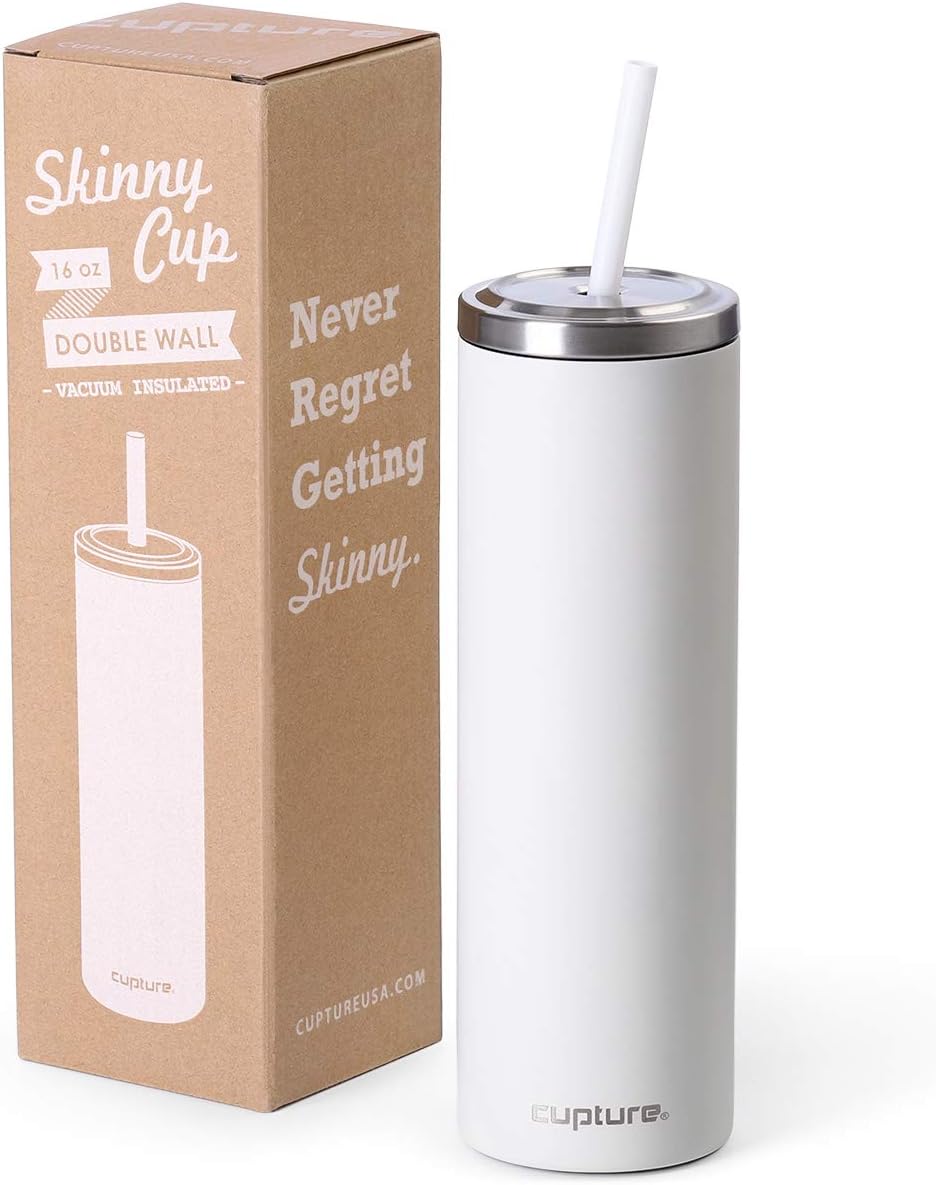 Stainless Steel Skinny Insulated Tumbler Cup with Lid and Reusable Straw - 16 oz (Jet Black)
