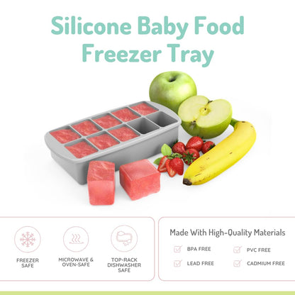 Silicone Baby Food Freezer Tray with Lid | 10 x 2oz Portion Cubes – Breastmilk & Homemade Puree Storage Container – BPA Free, Microwave, Freezer & Dishwasher Safe – Baby Registry Must (Grey)