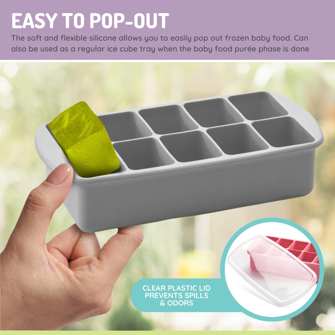 Silicone Baby Food Freezer Tray with Lid | 10 x 2oz Portion Cubes – Breastmilk & Homemade Puree Storage Container – BPA Free, Microwave, Freezer & Dishwasher Safe – Baby Registry Must (Grey)