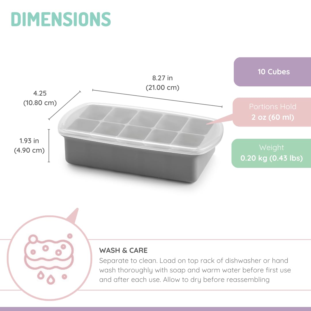 Silicone Baby Food Freezer Tray with Lid | 10 x 2oz Portion Cubes – Breastmilk & Homemade Puree Storage Container – BPA Free, Microwave, Freezer & Dishwasher Safe – Baby Registry Must (Grey)