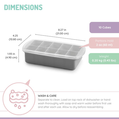 Silicone Baby Food Freezer Tray with Lid | 10 x 2oz Portion Cubes – Breastmilk & Homemade Puree Storage Container – BPA Free, Microwave, Freezer & Dishwasher Safe – Baby Registry Must (Grey)