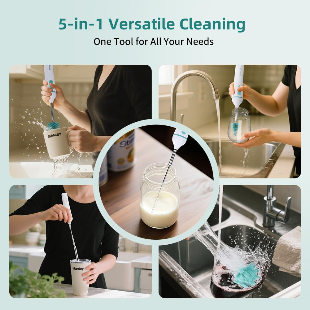 Electric Bottle Brush Cleaner,6-in-1 Portable Electric Baby Bottle Brush Cleaner for Travel, Rechargable Travel Bottle Cleaner Kit with Nipple & Straw Brush,Ideal Gift for Parents & Babies
