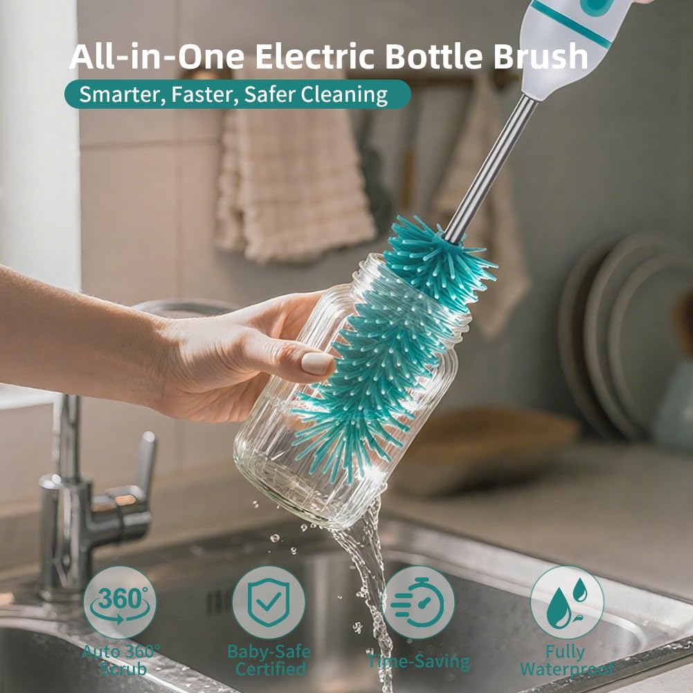 Electric Bottle Brush Cleaner,6-in-1 Portable Electric Baby Bottle Brush Cleaner for Travel, Rechargable Travel Bottle Cleaner Kit with Nipple & Straw Brush,Ideal Gift for Parents & Babies