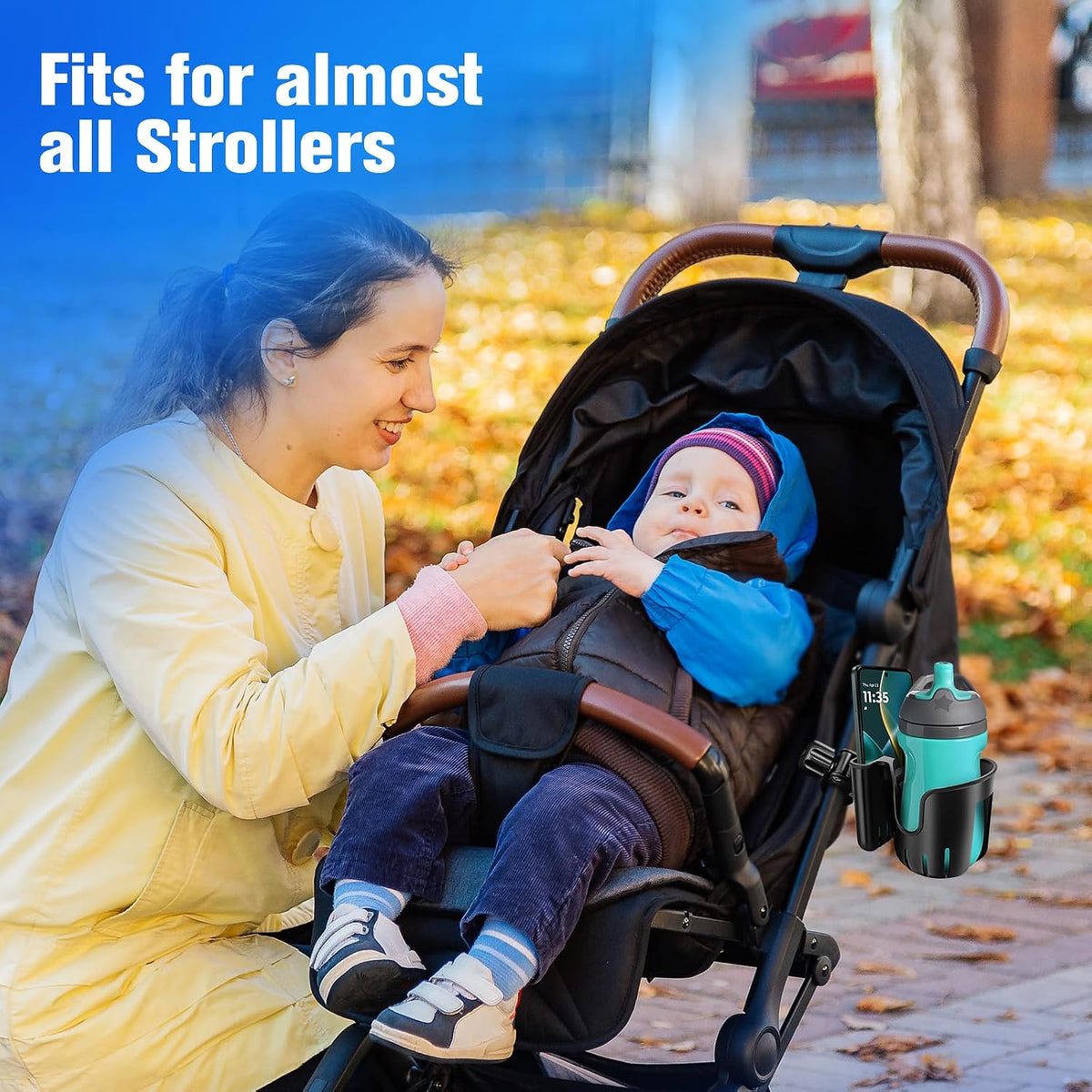 2-in-1 Universal Stroller Cup Holder with Phone Holder for Walker,Fits Most Cup