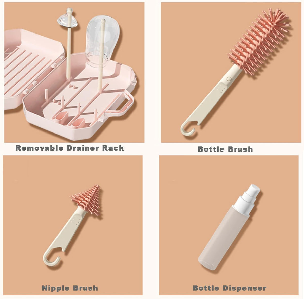 Baby Bottle Brush Set with Case, Portable Bottle Cleaner Kit, Pink
