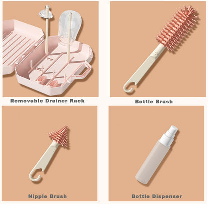 Baby Bottle Brush Set with Case, Portable Bottle Cleaner Kit, Pink