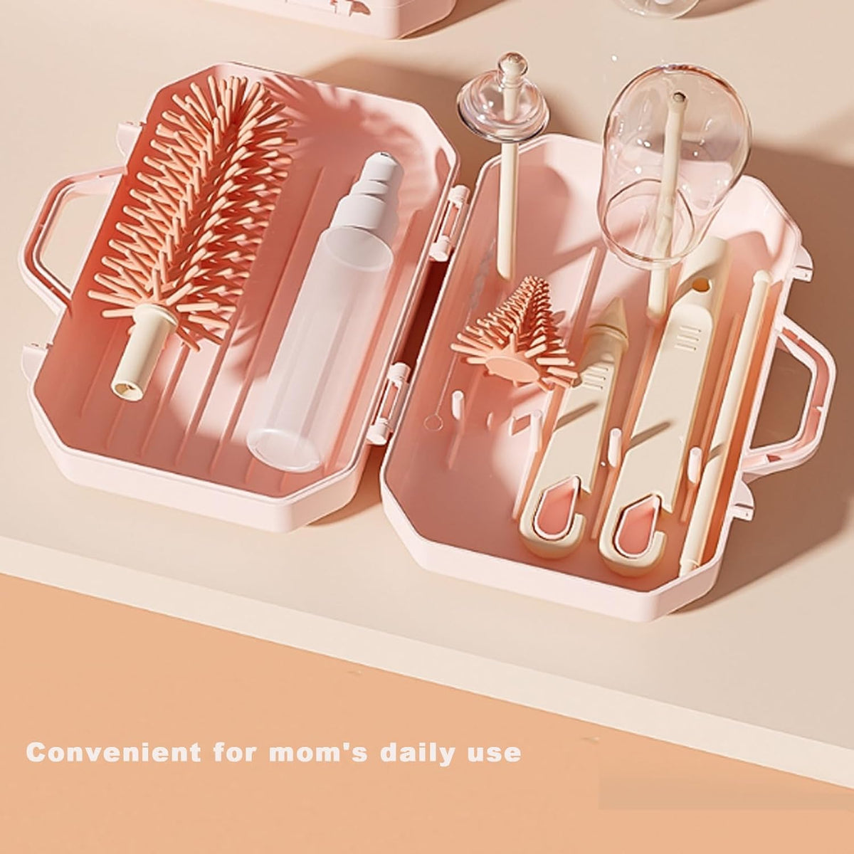 Baby Bottle Brush Set with Case, Portable Bottle Cleaner Kit, Pink