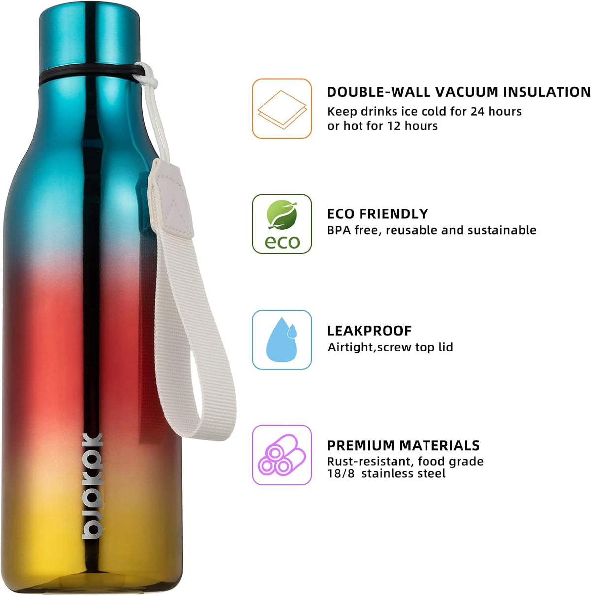 18oz Insulated Water Bottle, Stainless Steel Bottle with Carry Strap - Colors A