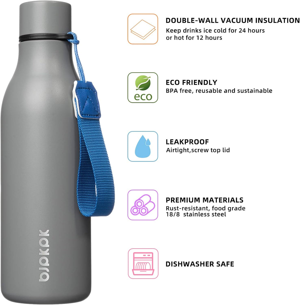 18oz Insulated Water Bottle, Stainless Steel Bottle with Carry Strap - Colors A