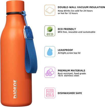 18oz Insulated Water Bottle, Stainless Steel Bottle with Carry Strap - Colors A
