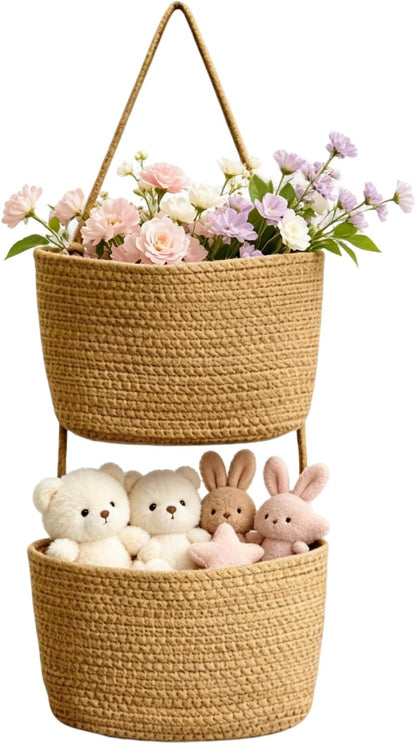 Woven Cotton 3-Tier Over the Door Hanging Basket,Boho Removable (2 layers)