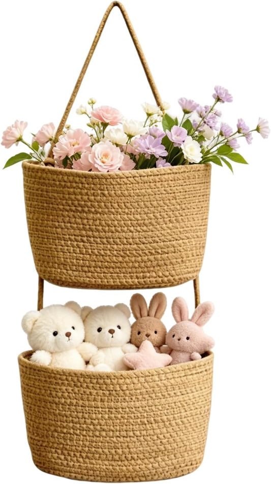 Woven Cotton 3-Tier Over the Door Hanging Basket,Boho Removable (2 layers)