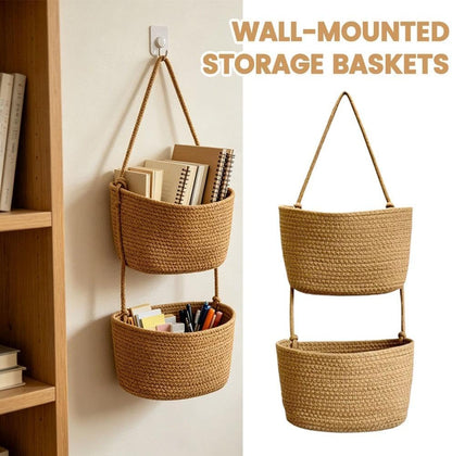 Woven Cotton 3-Tier Over the Door Hanging Basket,Boho Removable (2 layers)