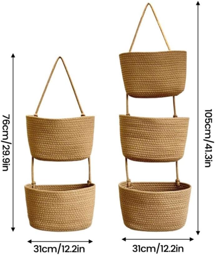 Woven Cotton 3-Tier Over the Door Hanging Basket,Boho Removable (2 layers)