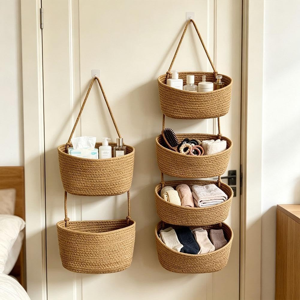 Woven Cotton 3-Tier Over the Door Hanging Basket,Boho Removable (2 layers)