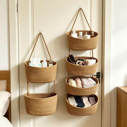 Woven Cotton 3-Tier Over the Door Hanging Basket,Boho Removable (2 layers)