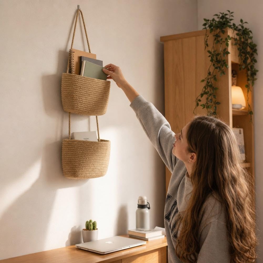 Woven Cotton 3-Tier Over the Door Hanging Basket,Boho Removable (2 layers)
