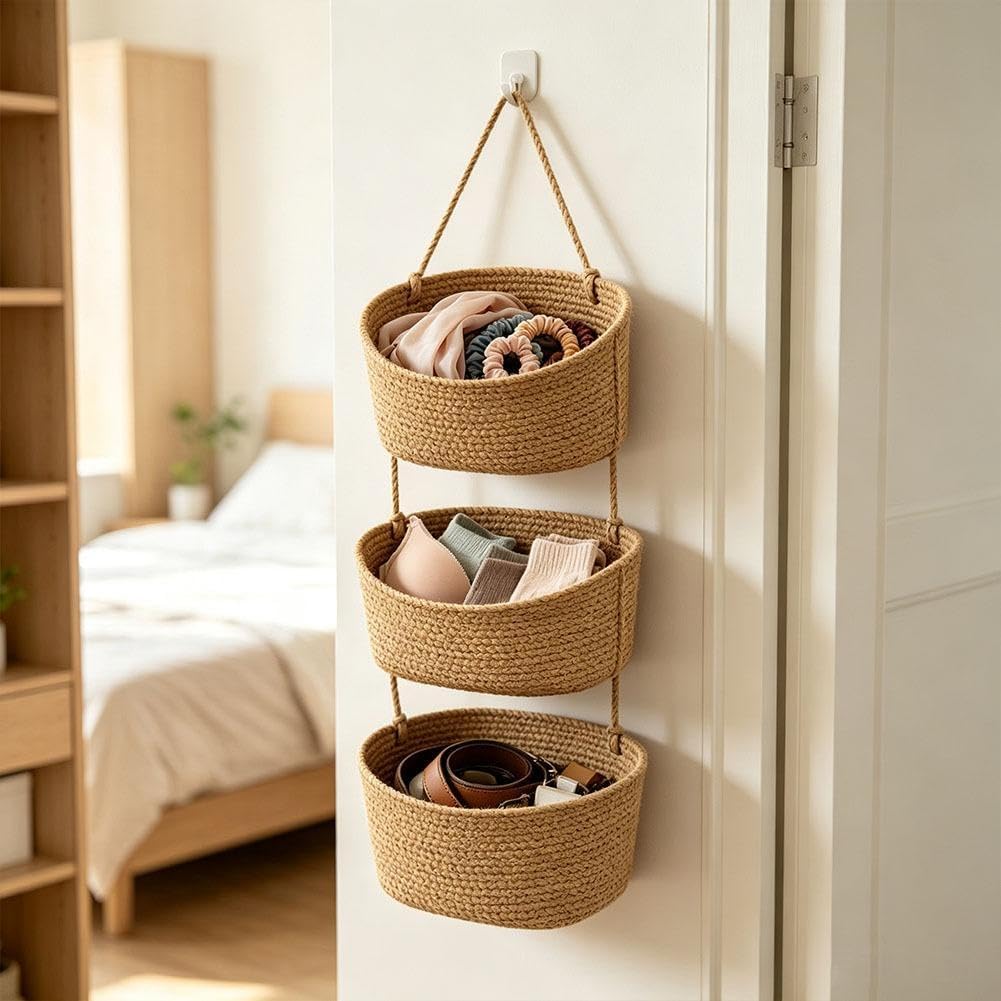 Woven Cotton 3-Tier Over the Door Hanging Basket,Boho Removable (2 layers)