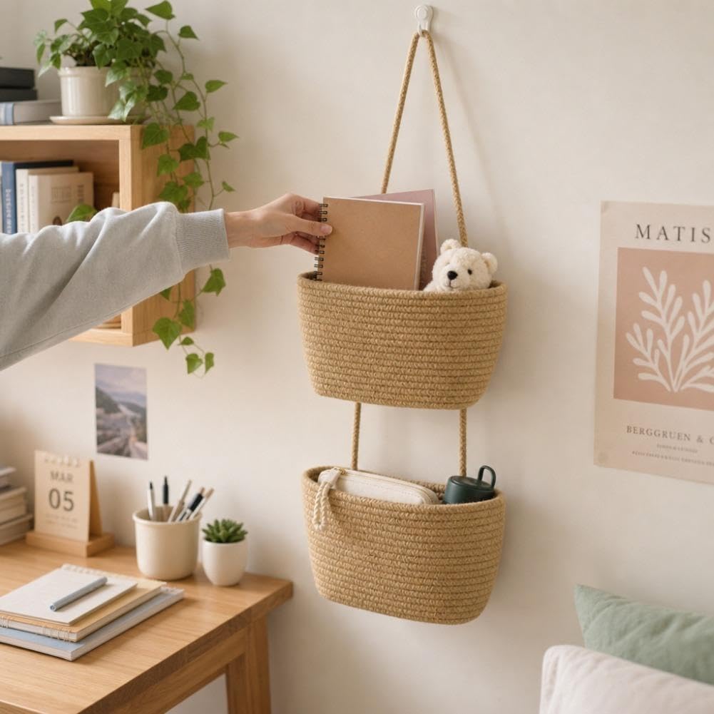 Woven Cotton 3-Tier Over the Door Hanging Basket,Boho Removable (2 layers)