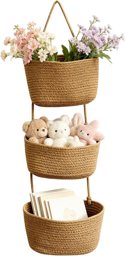 Woven Cotton 3-Tier Over the Door Hanging Basket,Boho Removable (2 layers)