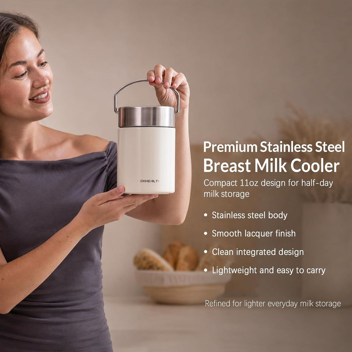 11oz Stainless Steel Breast Milk Cooler, 360° Cooling Gel Ring, 14-Hour Cold Storage, BPA-Free 11oz Bottle, Leak-Proof Portable Cooler for Half-Day Pumping, Work & Travel