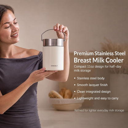 11oz Stainless Steel Breast Milk Cooler, 360° Cooling Gel Ring, 14-Hour Cold Storage, BPA-Free 11oz Bottle, Leak-Proof Portable Cooler for Half-Day Pumping, Work & Travel
