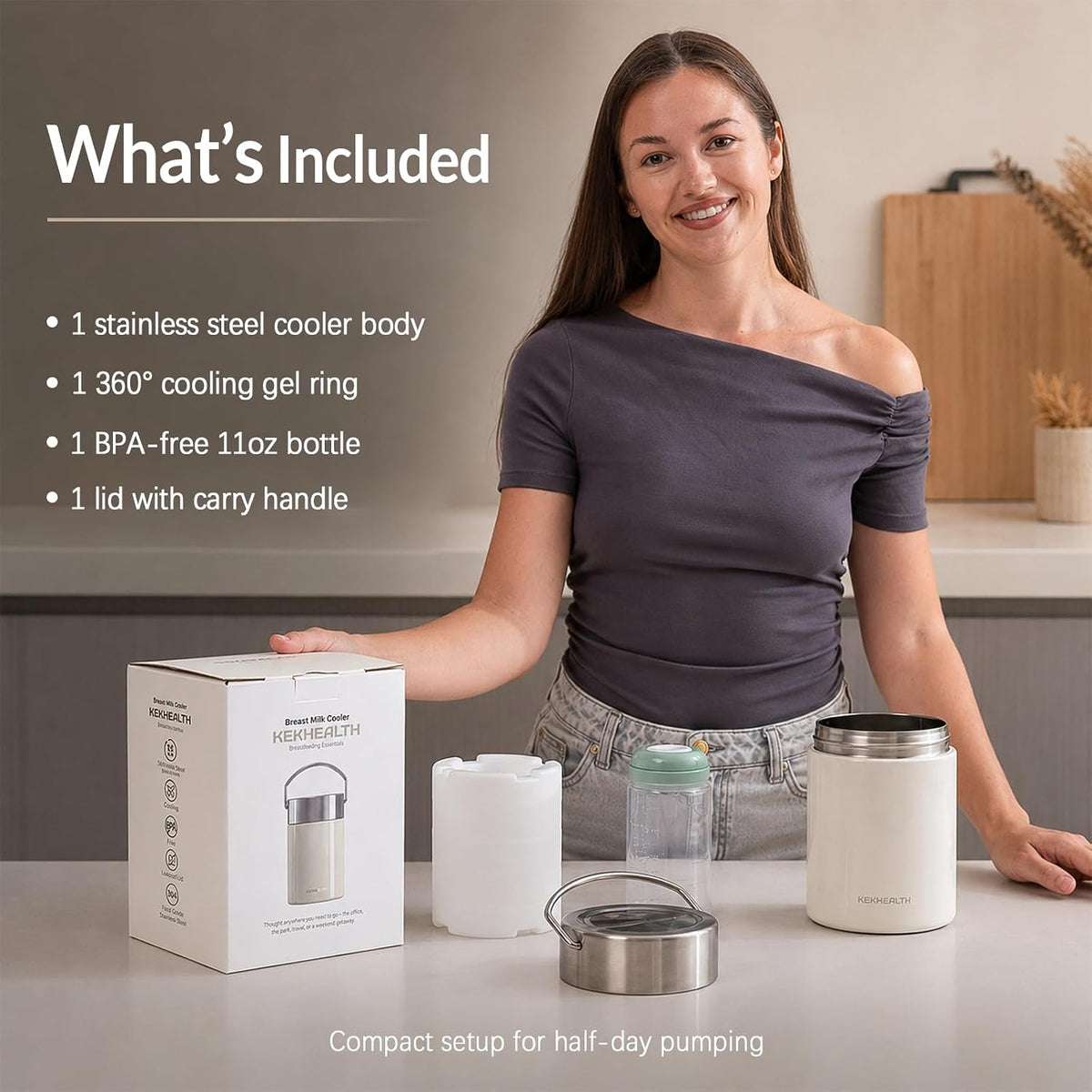 11oz Stainless Steel Breast Milk Cooler, 360° Cooling Gel Ring, 14-Hour Cold Storage, BPA-Free 11oz Bottle, Leak-Proof Portable Cooler for Half-Day Pumping, Work & Travel