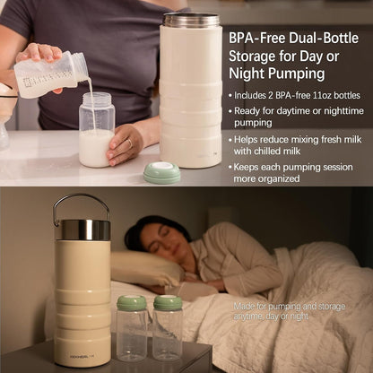 11oz Stainless Steel Breast Milk Cooler, 360° Cooling Gel Ring, 14-Hour Cold Storage, BPA-Free 11oz Bottle, Leak-Proof Portable Cooler for Half-Day Pumping, Work & Travel