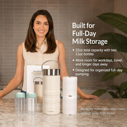 11oz Stainless Steel Breast Milk Cooler, 360° Cooling Gel Ring, 14-Hour Cold Storage, BPA-Free 11oz Bottle, Leak-Proof Portable Cooler for Half-Day Pumping, Work & Travel