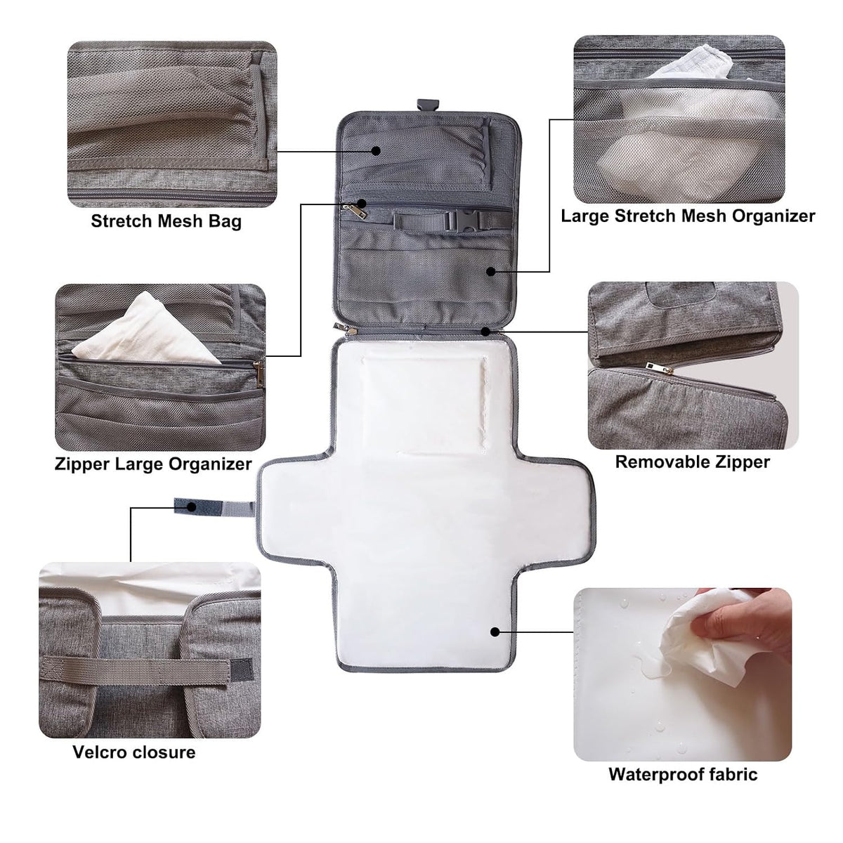 Portable Changing Pad for Baby, Travel Diaper Changing Pad for Newborn, Waterproof Baby Changing Mat, Foldable & Detachable Diaper Changing Station with Baby Wipes Pockets(Grey)