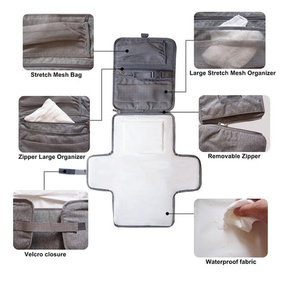 Portable Changing Pad for Baby, Travel Diaper Changing Pad for Newborn, Waterproof Baby Changing Mat, Foldable & Detachable Diaper Changing Station with Baby Wipes Pockets(Grey)