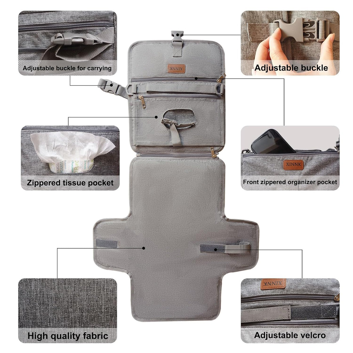 Portable Changing Pad for Baby, Travel Diaper Changing Pad for Newborn, Waterproof Baby Changing Mat, Foldable & Detachable Diaper Changing Station with Baby Wipes Pockets(Grey)